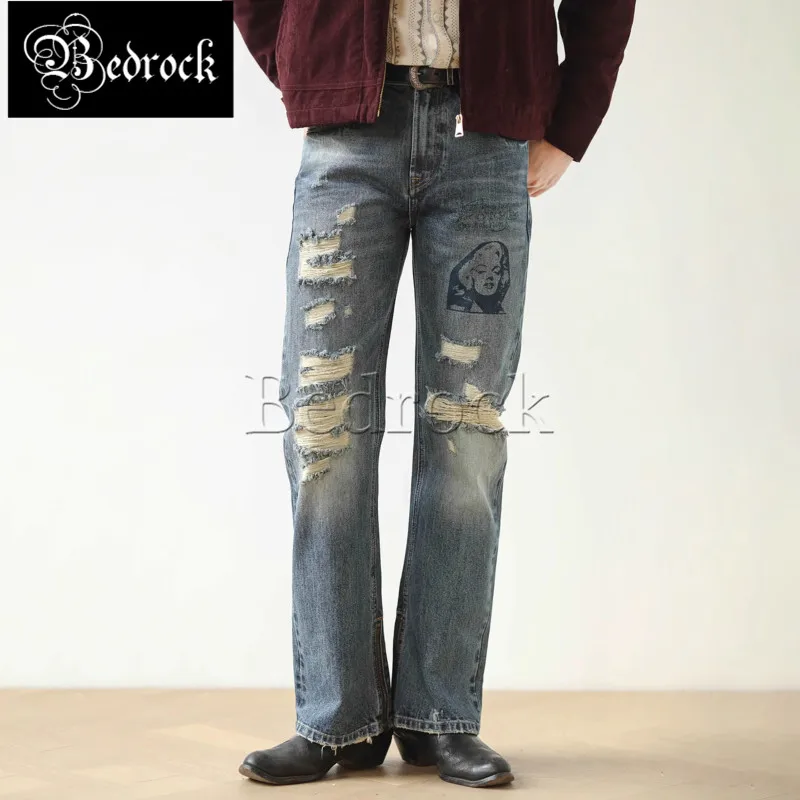 MBBCAR  Mens Jeans 14.4oz hand drawn distressed bell-bottom trousers DIY BOOTCUT pants wash whiskers selvedge denim flared pants