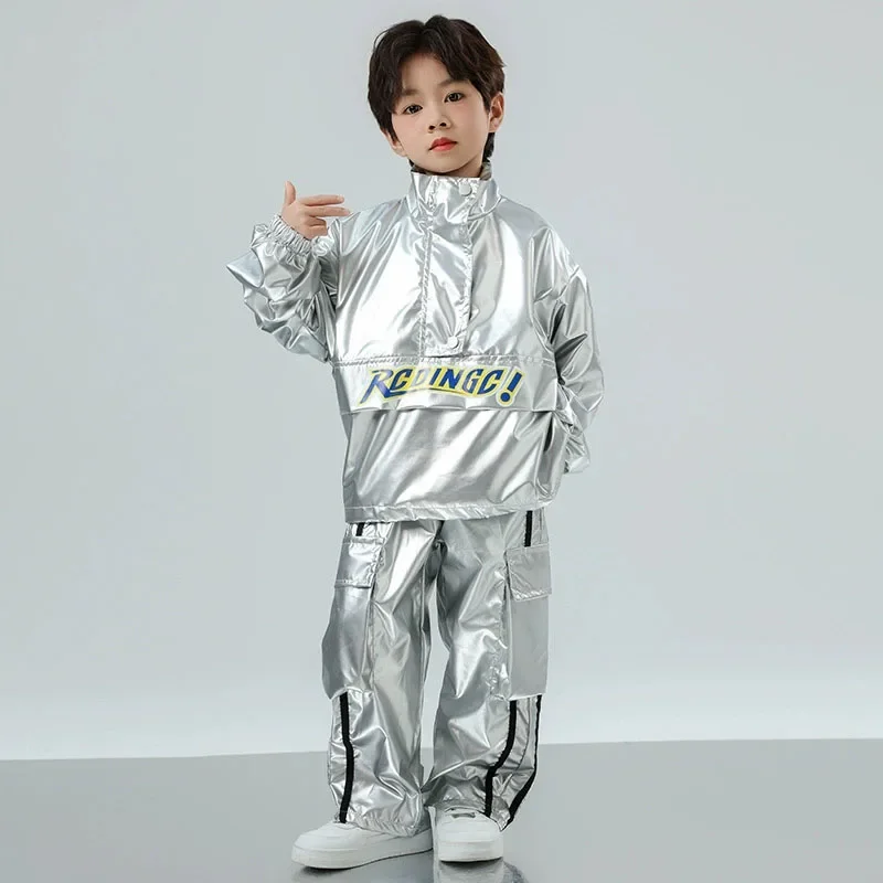 Ragazze Hip Hop Giacca con paillettes Pantaloni cargo Bambini Street Dance Argento lucido Pantalone Set di vestiti Bambini Wasteland Punk K-pop Costumi