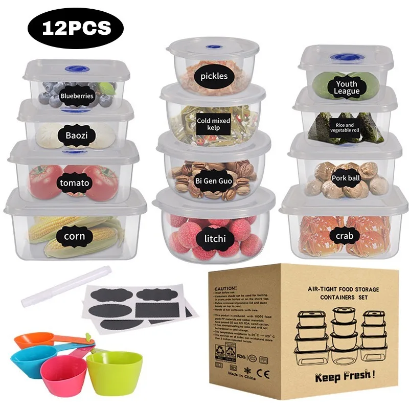 

12pcs Set Clear Plastic Food Storage Containers with Gasket Seal Box Lids for Kitchen Fridge Meal Prep Lunch Containers Picnic