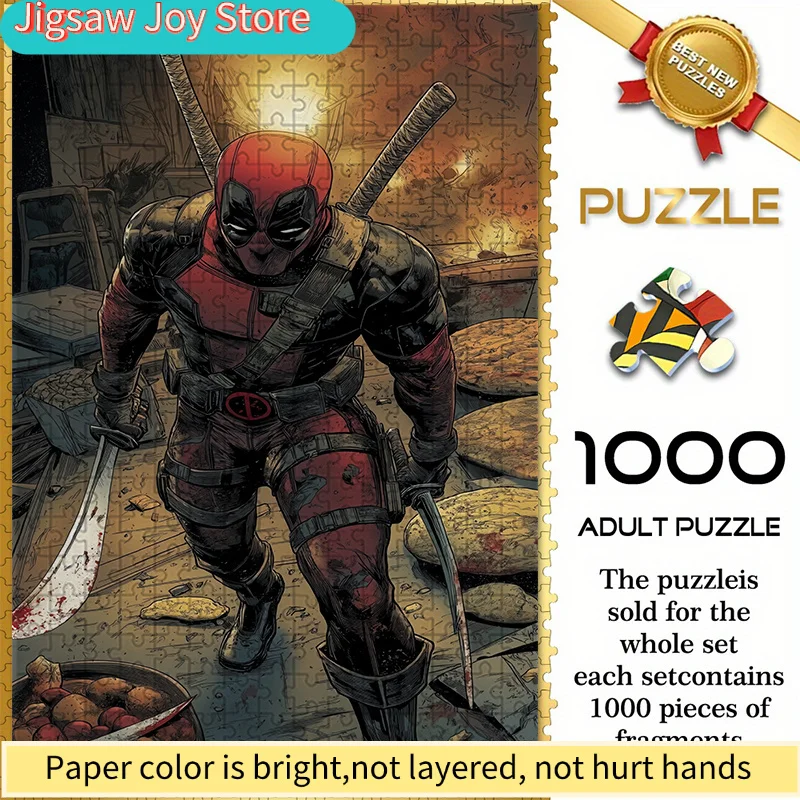 

Бесшовный пазл на тему Marvel Z10.18-82, Дэдпул с двумя мечами, вид сверху с поля боя - прочный, толстый пазл для самостоятельной сборки