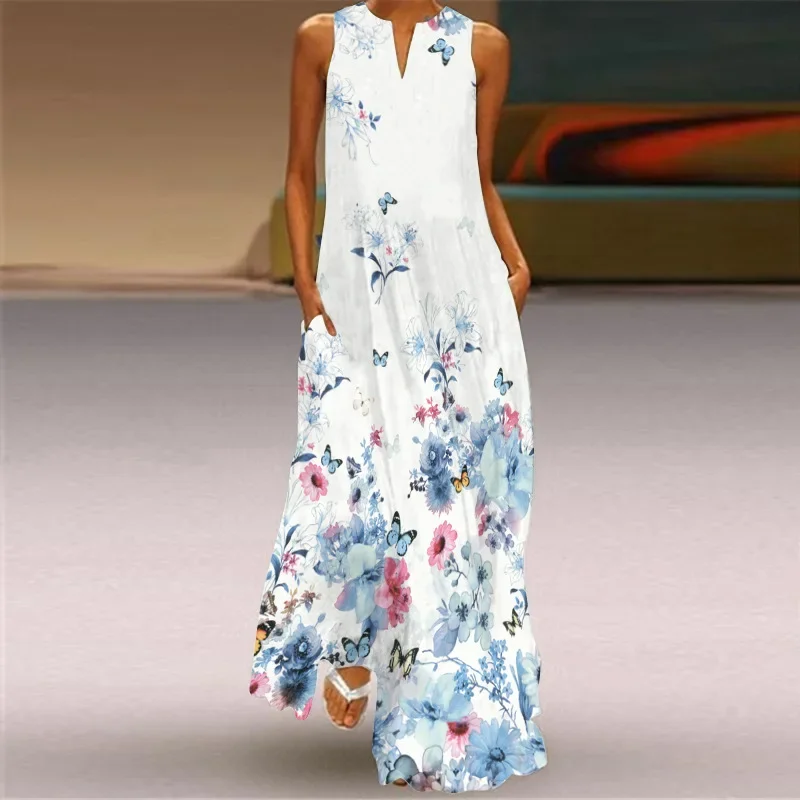 Women's Summer Long Dress Ladies Simple Butterfly Flower Print V-Neck Dress Showing Face Elegant Party Dress Women's Beach Dress