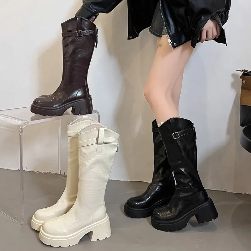 

Autumn Winter Fashion Thick Heel Women Knight High Boots Cosy Soft Leather Street Style Mordern Long Booties Zapatos De Mujes
