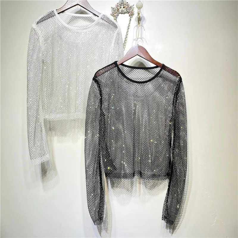 High-Quality Jumping Disc Color Flashing Diamonds Long-sleeved Net Shirt Blouse Electric Syllable Wear Bright Sparkling Top