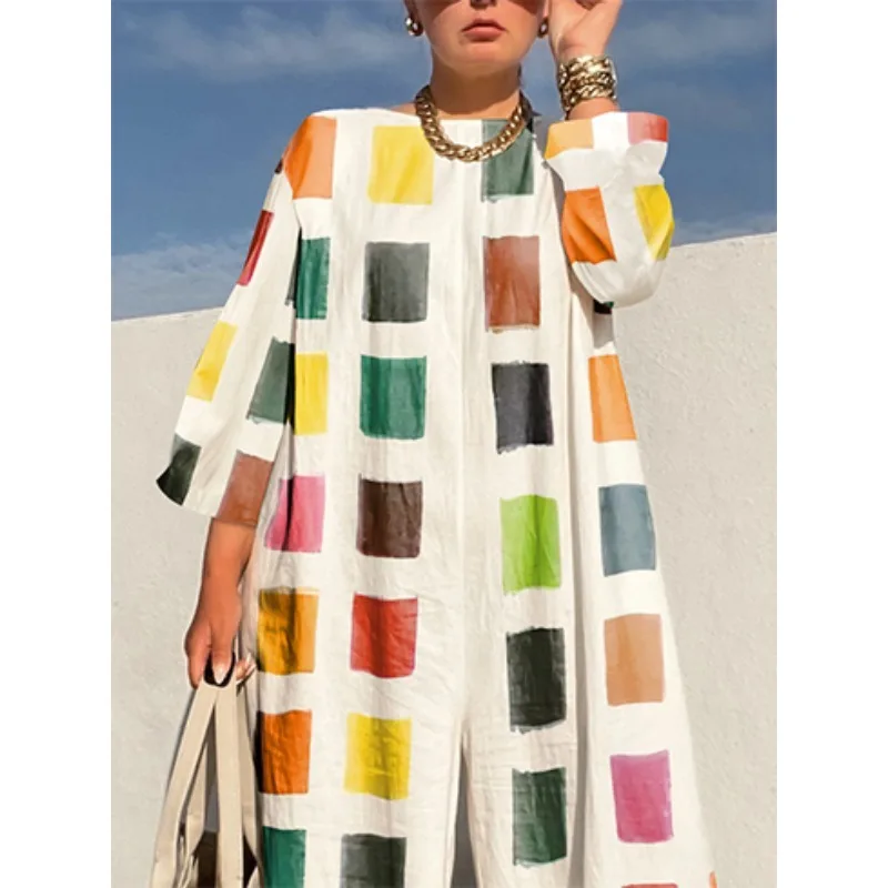 

Комбинезоны Tinaa в клетку контрастного цвета, большие размеры, 2022, отпуск, хлопок, лен, широкие рукава три четверти, женская одежда 184583