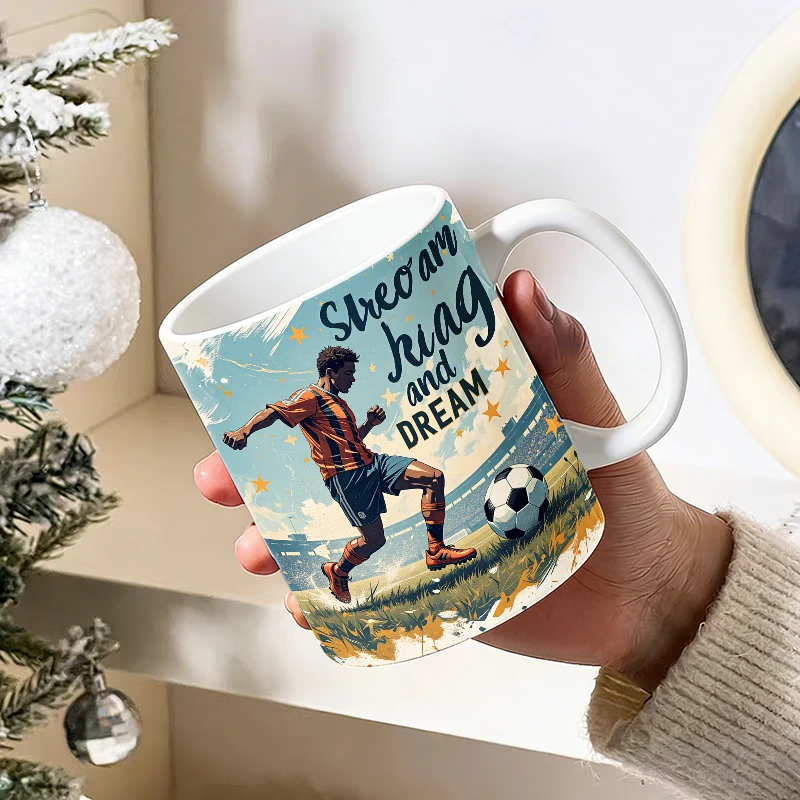 Run Hard And Dream Big Soccer Coffee Mug, Sunny Stadium Football Player Ceramic Cup, 11oz Youth Inspirational Sport Daily Mug