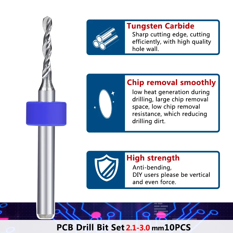 XCAN-Mini Drill Bit Set para Placa de Circuito de Impressão, Perfuração PCB, 3.175mm Shank, 0.15-3.05mm, 10Pcs