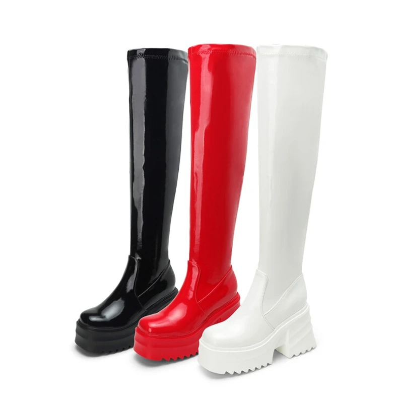 Girseaby-Botas de couro sobre o joelho para mulheres, salto quadrado, dedo do pé redondo, preto, vermelho, branco, tamanho grande, 40, 41, 42, 43, Novo, 2022