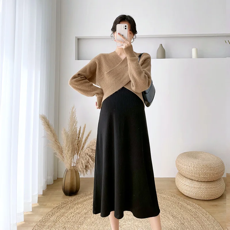 

Fashion Autumn Maternity Knitting Dresses Clothes For Pregnant Women 2024 New V-Neck Pullover Sweater & Dress 2 Piece Set