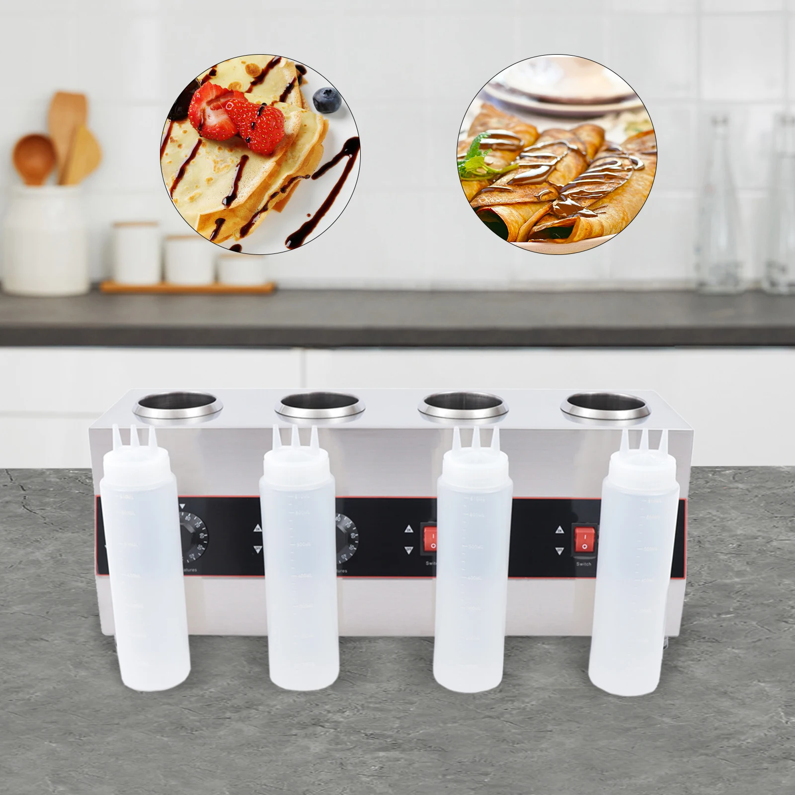 

Stainless Steel Commercial Sauce Warmer, 4 PE Sauce Bottles & Independent Control For Hot Fudge, Caramel, Chili, Condiments