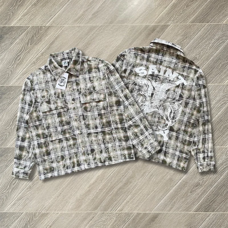 Saint Long Sleeve Plaid Shirt High Quality Women's Men's Color Block Thin Outerwear Casual Shirts