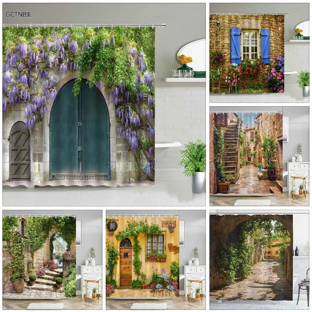 

Street Building Scenery Shower Curtain Flower Plant Retro Old Door Summer Rural Landscape Bathroom Curtain Background Wall Decor