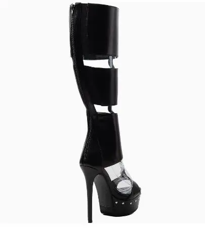 Women Black Leather Peep Toe Knee‑High Cutout Platform Boots Rivet Hollow Out Upper Stiletto High Heel Party Gladiator Boots