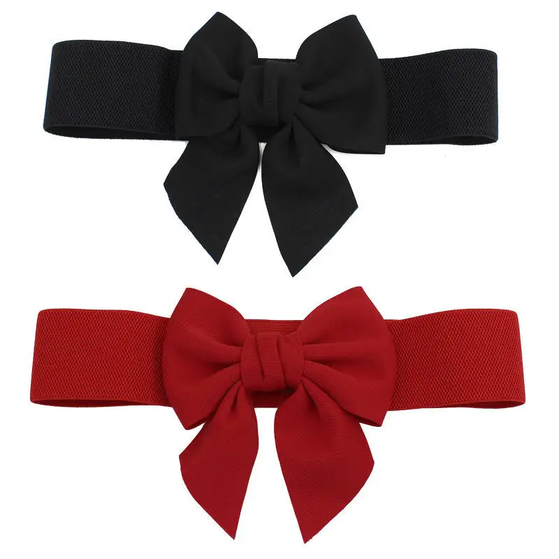 Women's Bow Waistband Versatile Sweet Pure Cotton Fabric Bow Elastic Belt Elastic Broadband Dress Decoration
