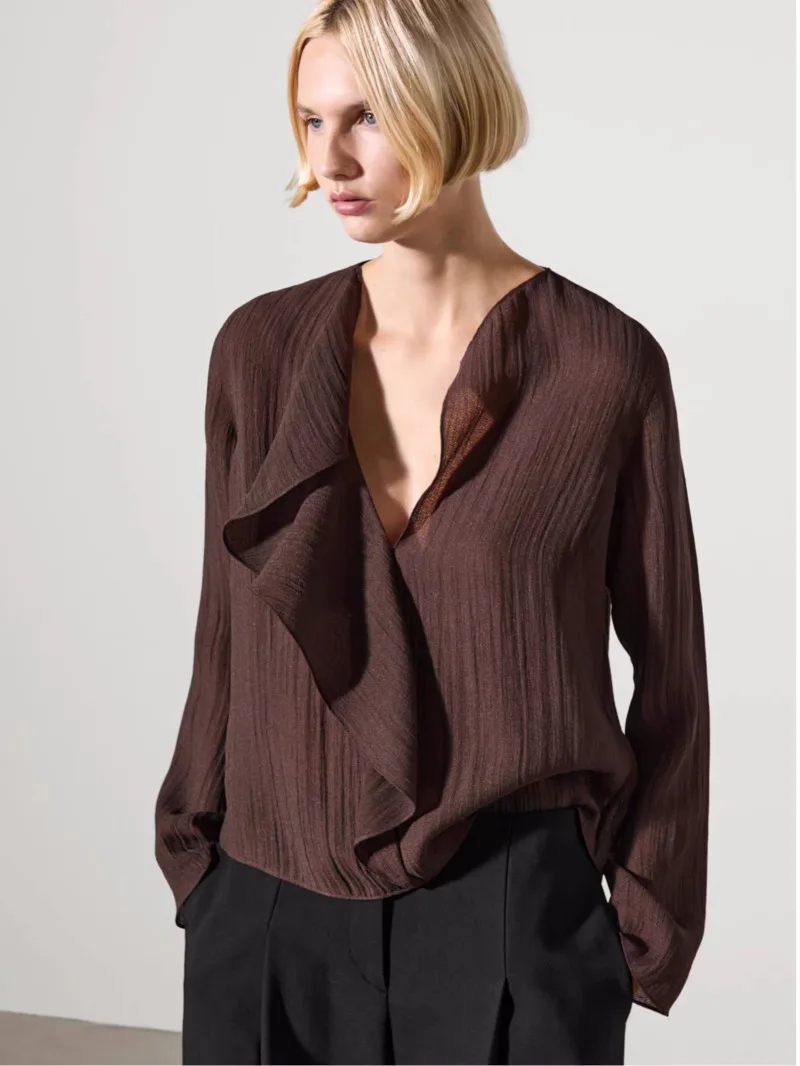 

2025 Women Ruffles Button Up Collared Shirt Long Sleeve Female Loose Blouse Fashion Tops Clothes Fashion Sweet Women 4C08