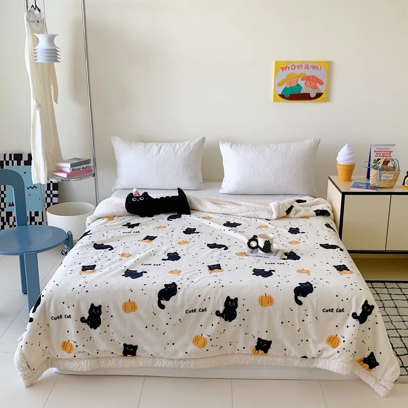 Cartoon Black Cat Blanket Plant Pumpkin Pattern Sleeping Blanket Black Polka Dot Design Office Warm Shawl with Invisible Zipper