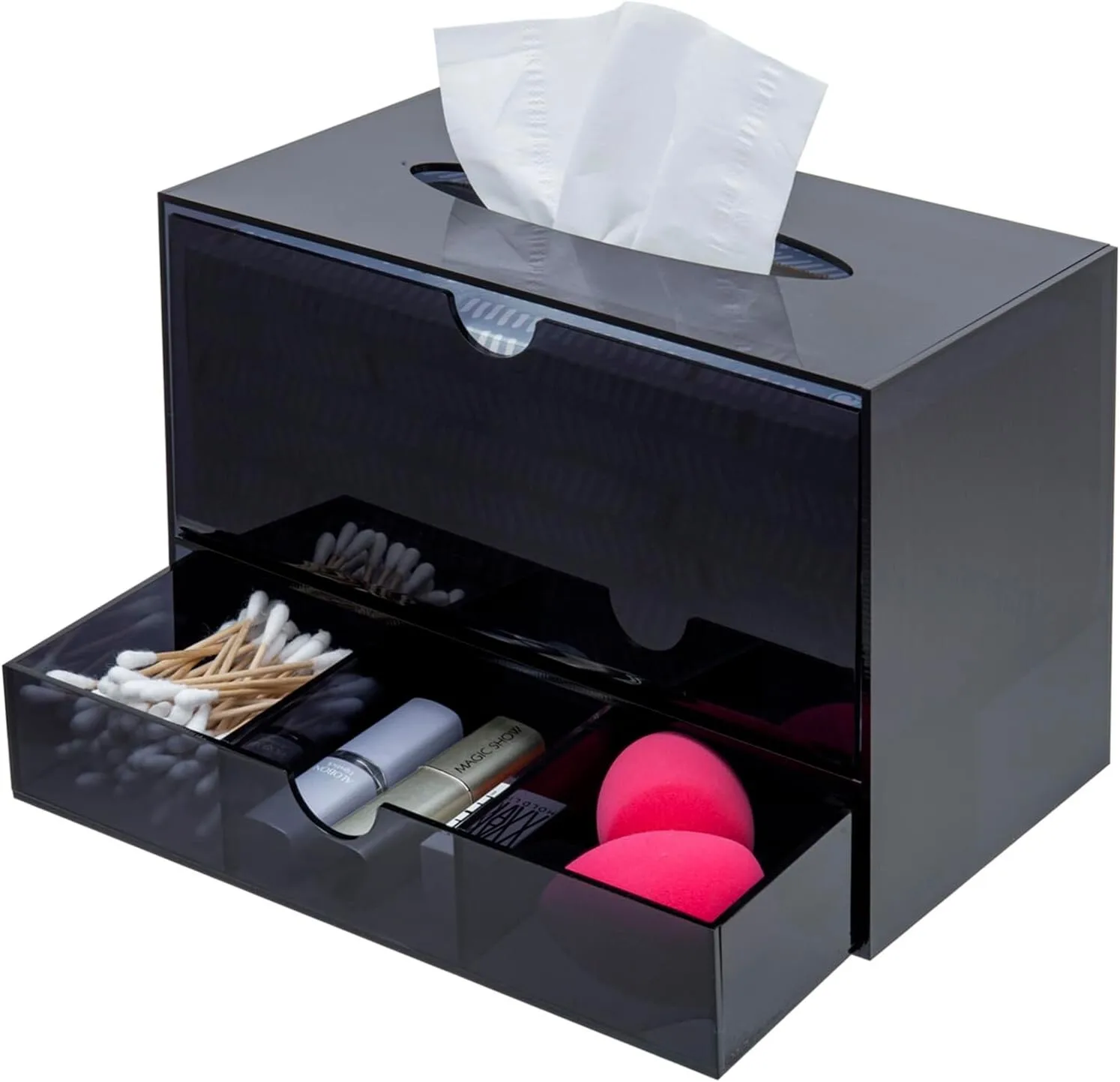 

Black Acrylic Makeup Organizer with Tissue Box Cover Storage Holder for Countertop Bathroom Desk Accessories