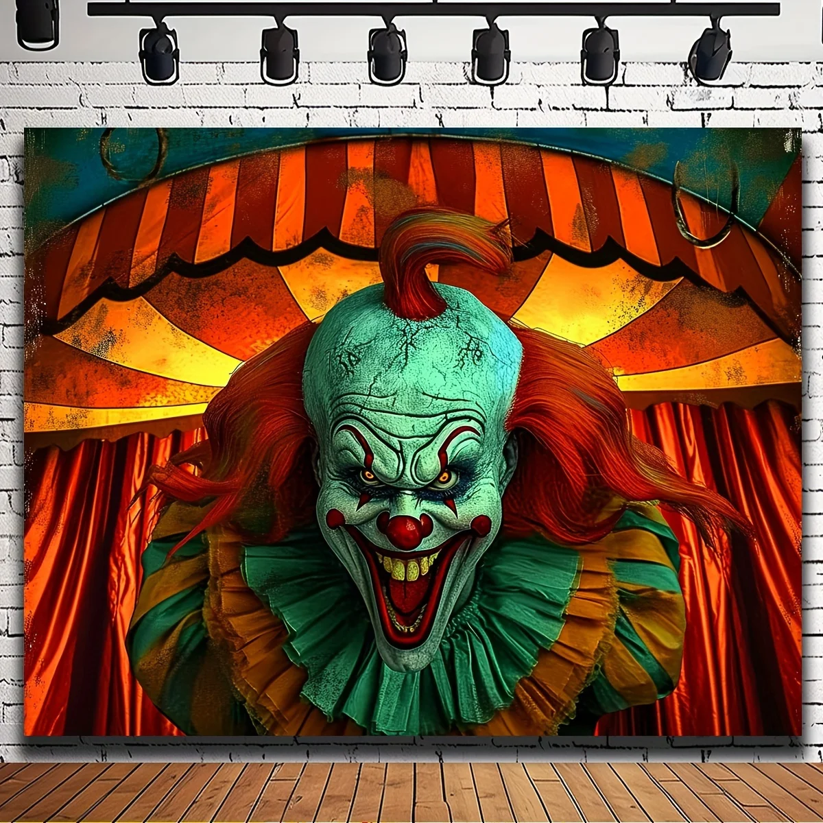 

Horror giant evil clown Halloween background - durable and not prone to wrinkling, a thrilling photo booth - Art Deco style