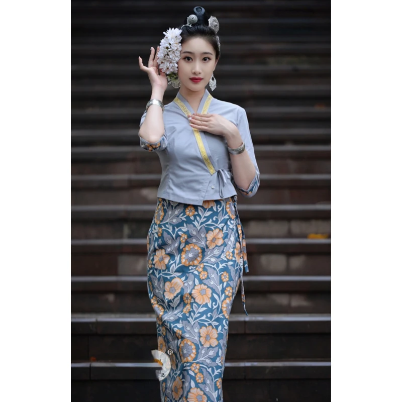 Thailand Traditional Clothing for women Southeast Asian Style Thai Dress Women's Tops Long Skirt Spring Summer Daily Clothes