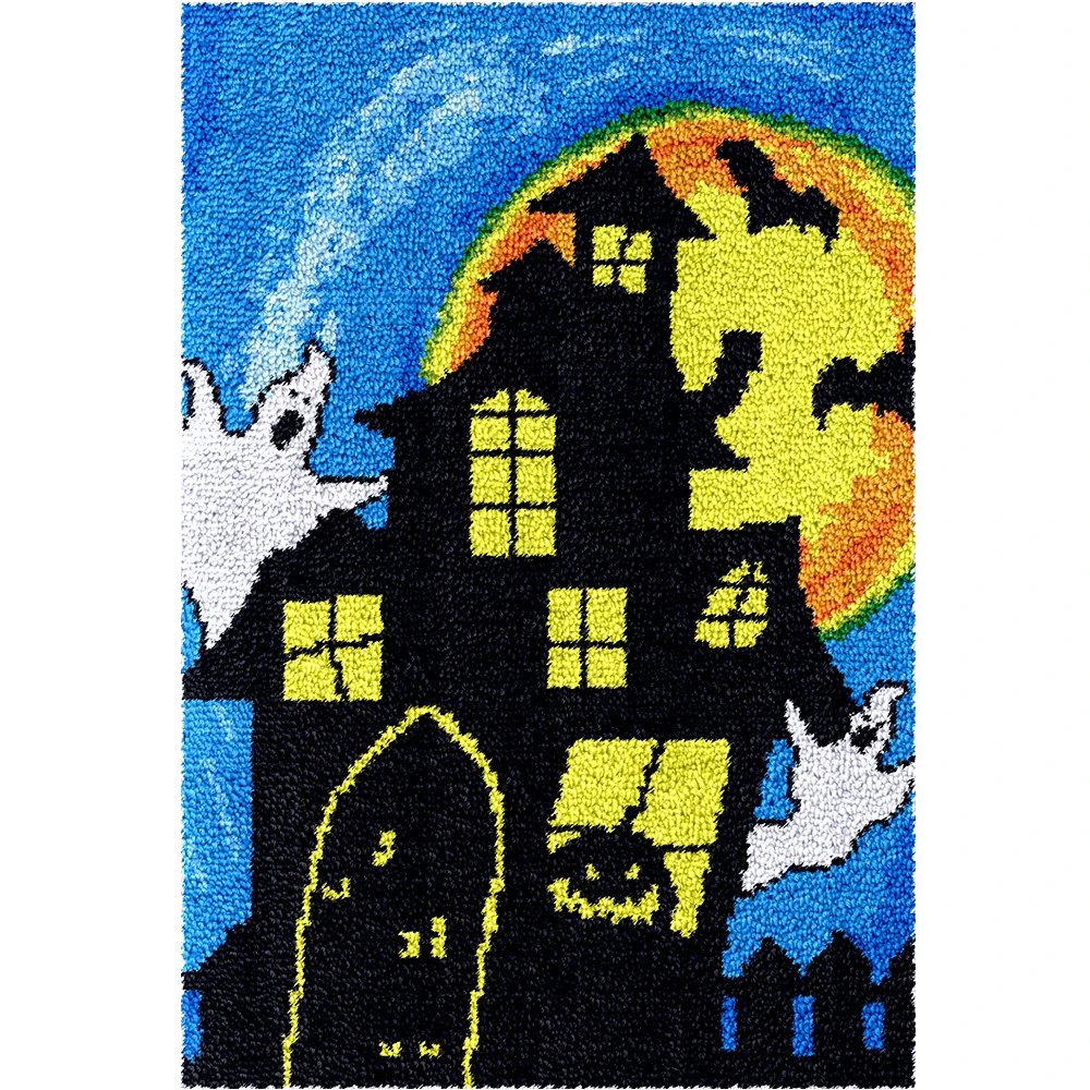 

Halloween Latch Hook Kits for Adults DIY Rug making kit with Preprinted Canvas Castles and Ghosts Pattern Halloween decoration