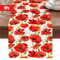 1pc Table Runner Red Poppy Flower Design Linen Table Runner Watercolor Style Table Runner Summer Farmhouse Dining Supplies