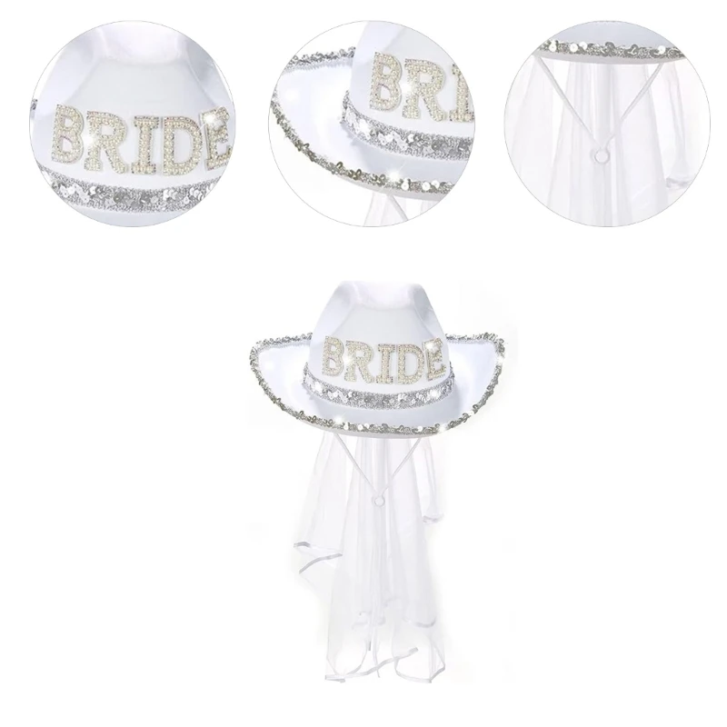 Bride Cowboy Hat Bachelorette Party Rhinestones Sequins Cowgirl Hat with Veil