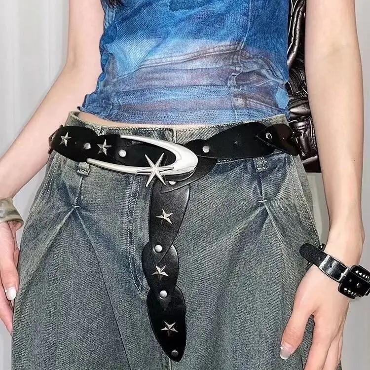 Gothic Punk Belt Retro Jeans Decor Star Buckle Belt Black Y2k PU Waistbands Fashion Trouser Decoration Dress Decoration