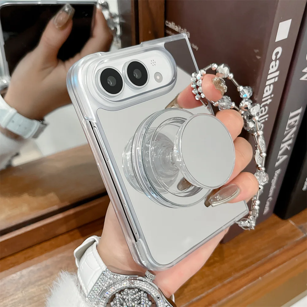 Plain Mirror Magnetic Phone Case For iPhone Duo With Collapsible Airbag Stand Crystal Bead Chain Pendant Shockproof Makeup
