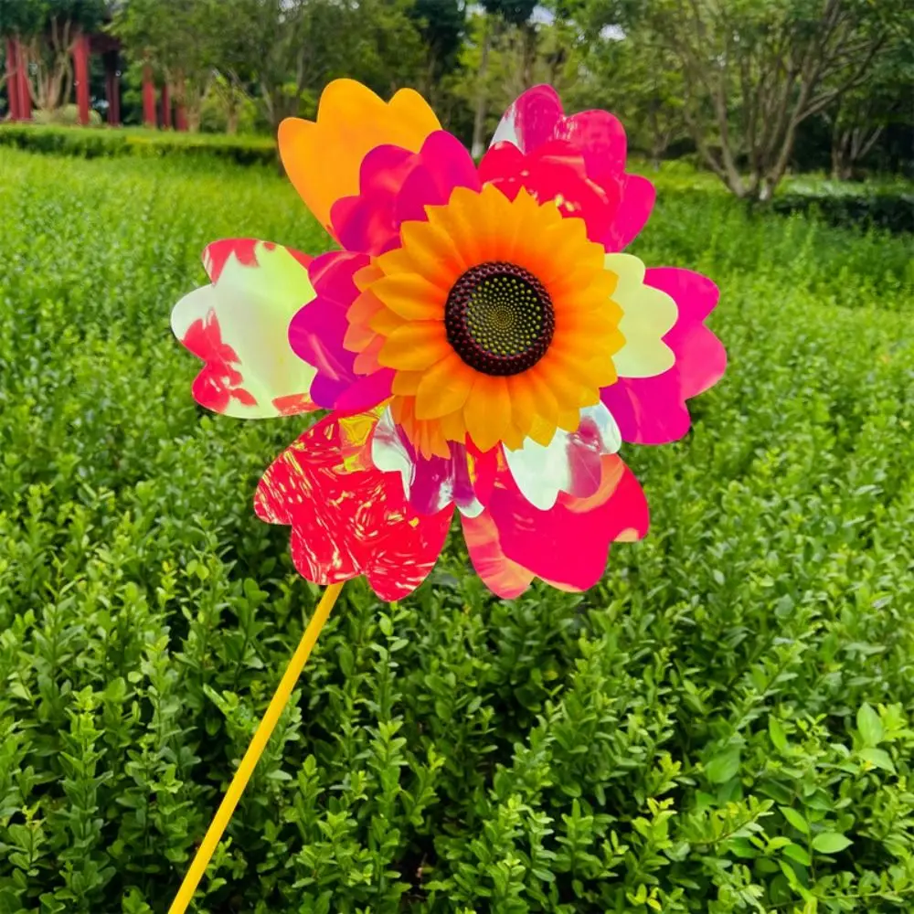 Moinho de vento girassol multiestilos pvc 32cm giratório girassol girador de vento dupla camada laser deslumbrante decoração de piquenique