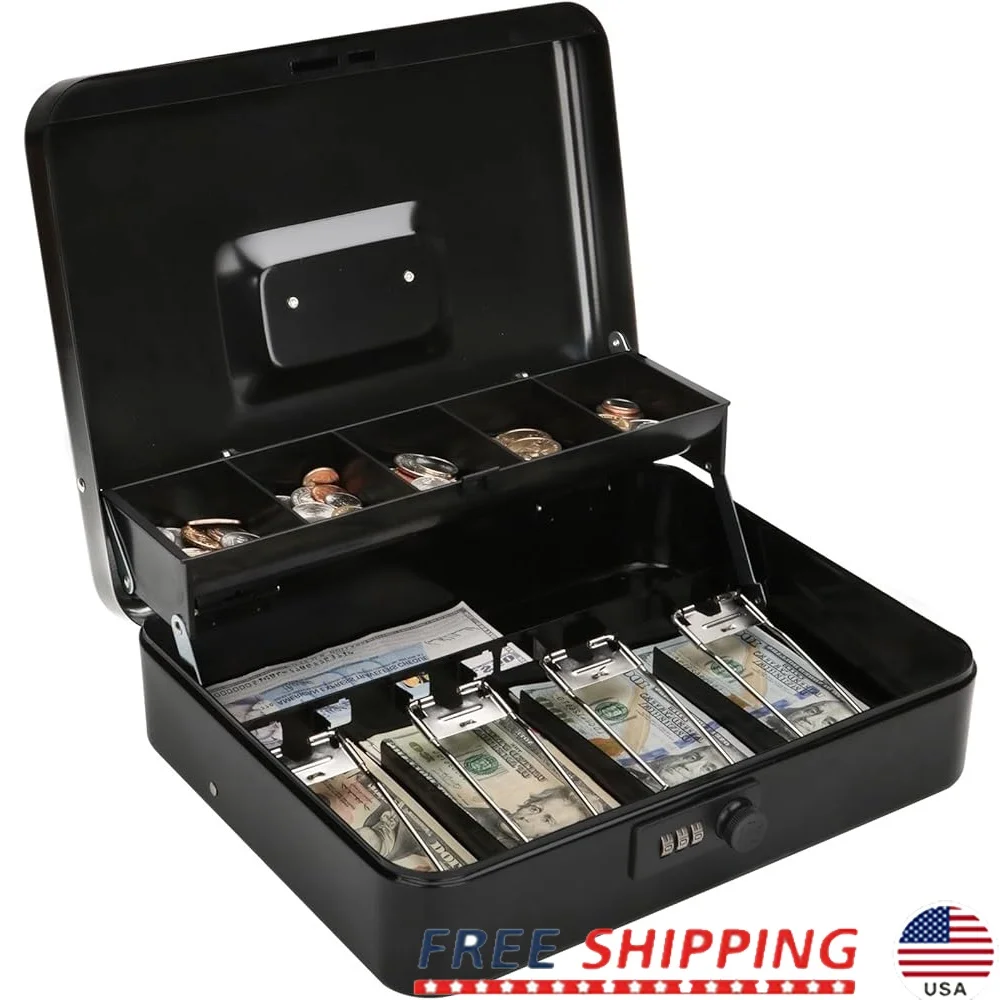 

Large Locking Metal Cash Box with Combination Lock Money Tray Storage Organizer Heavy Duty Safe Coins Jewelry Office