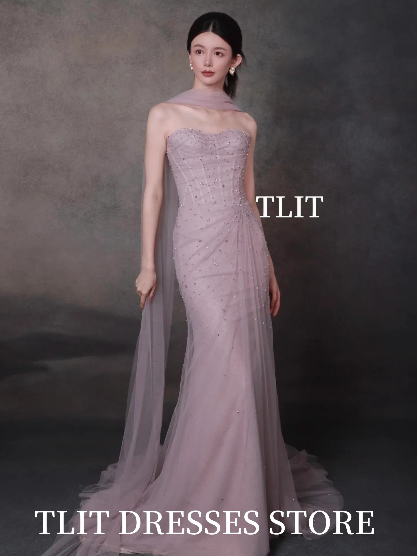 TLIT Gaun Pengantin Tulle Sutra Ungu Elegan 웨딩드레스 Selendang Panjang Mutiara Sayang Gaun Pengantin Korea Pemotretan Sesuai Pesanan