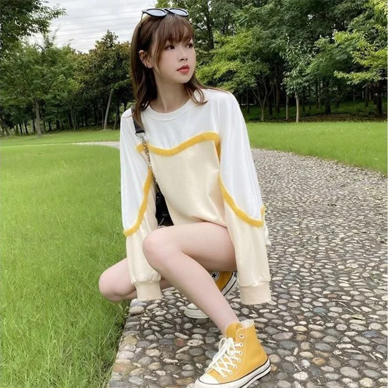 

2024 New Trendy Long Sleeve Hoodie for Women's Spring Autumn Color Blocked Splicing Round Neck Medium Length Casual Fashion Top