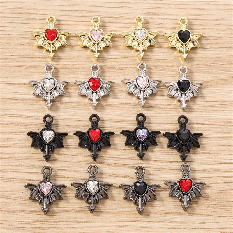 5 Stück 15 x 17 mm niedliche Kristall-Metall-Herz-Flügel-Charms-Anhänger für die Herstellung von Halsketten, Ohrringen, Armbändern, DIY-Handwerk, Schmuckzubehör – Detail 2
