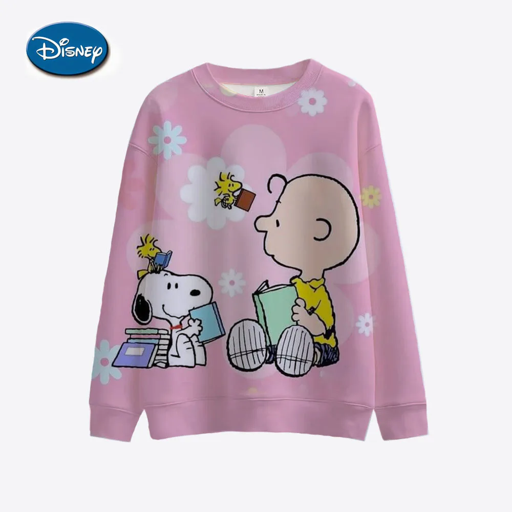 Snoopy Spring Cartoon Pink Printed Round Neck Sweater Women\'s Loose Cute Thin Casual Top Hoodie