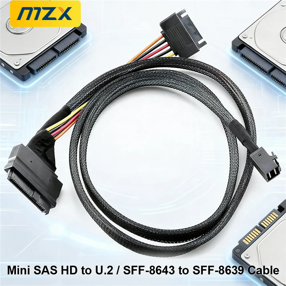 MZX Mini SAS SFF-8643 to U.2 SFF-8639 Cable Converter 15Pin SATA Hard Disk HDD Power Connector NVMe SSD PC Setup Computer Cables