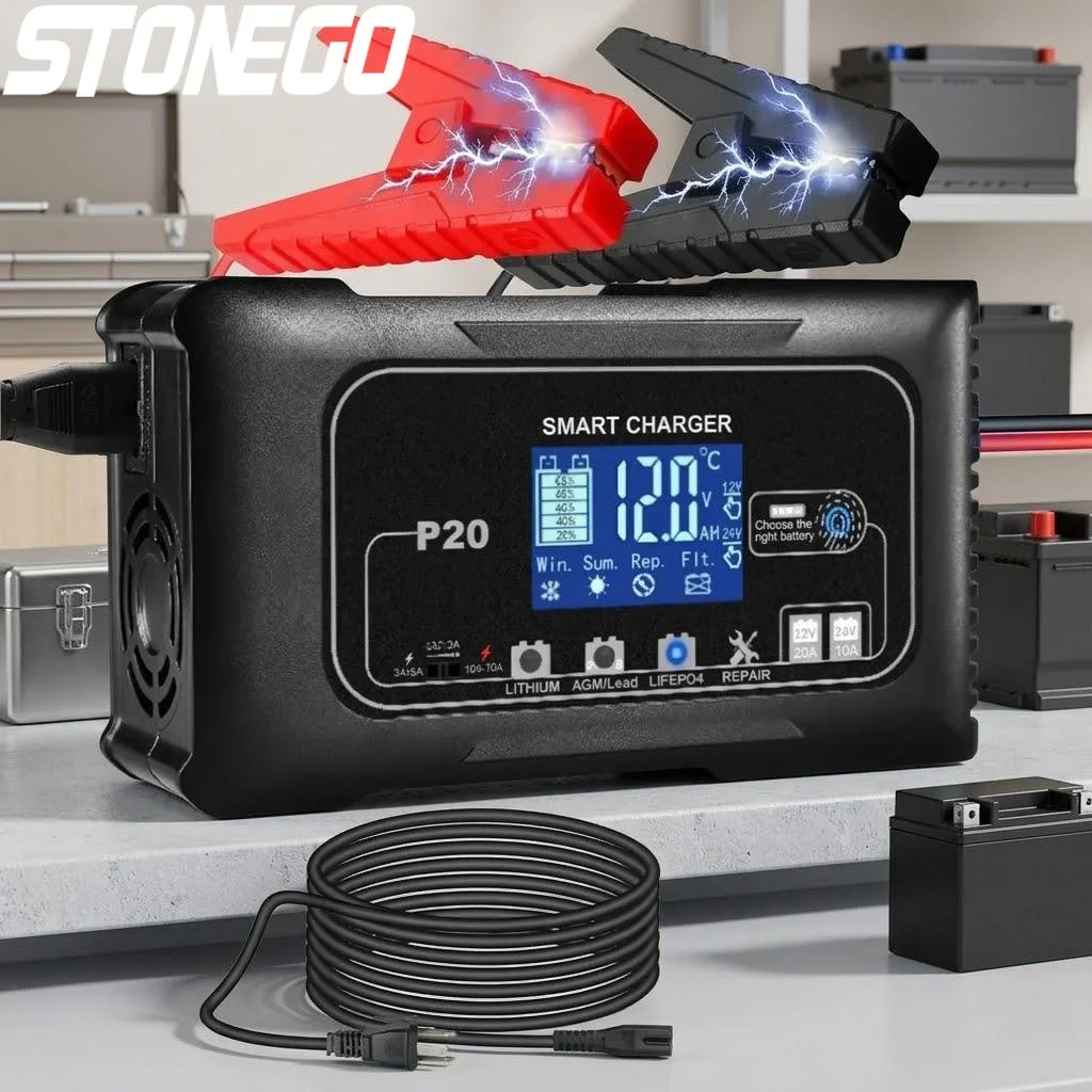 

20A LCD Battery Charger 12V 24V for ATV Motorcycle Lead Acid AGM Gel Lithium Battery Repair Charging System