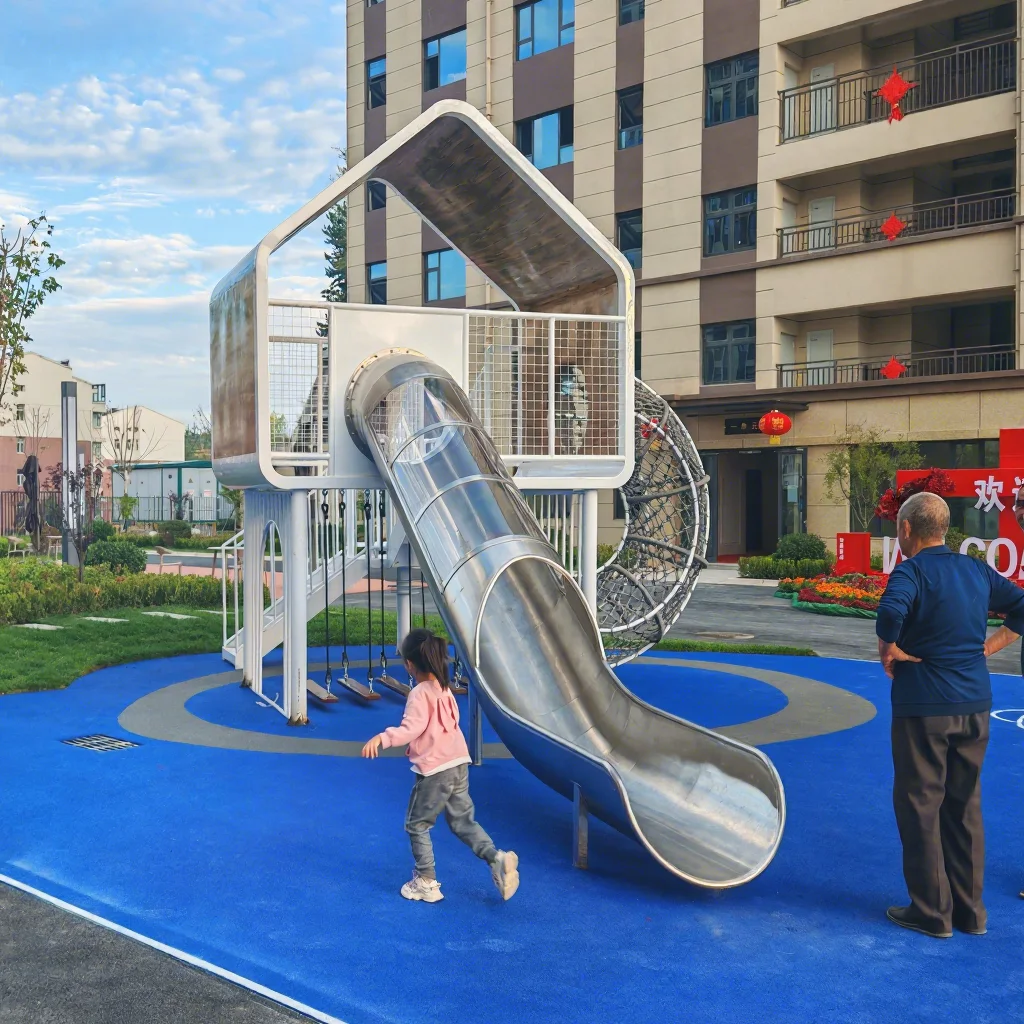Outdoor Wooden Playground Equipment, Eco-friendly Safe Kids Playhouse, Amusement Park Facilities, Stainless Steel Components