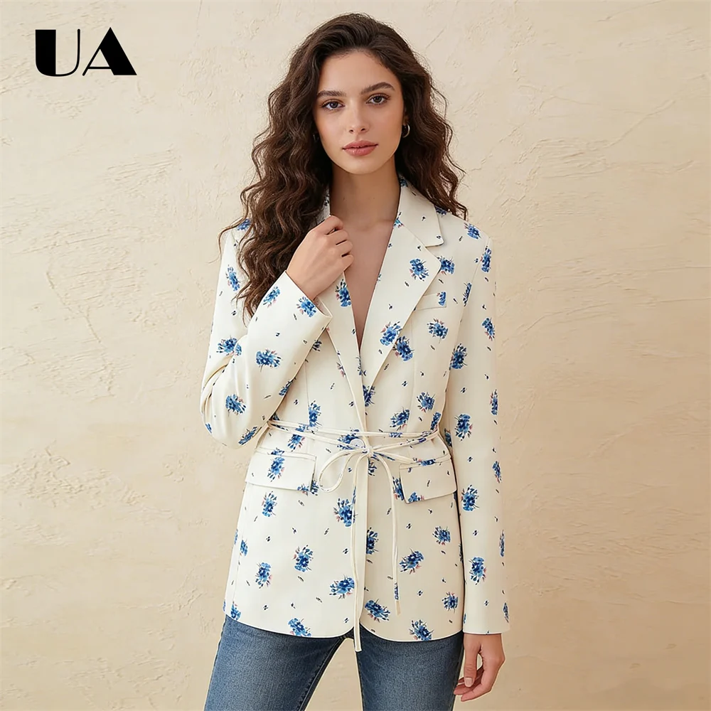 Cream Blue Floral Blazer Long-Sleeve Lapel Jacket Self-Tie Waist Belt Elegant Casual Work Blazer Fashion Spring Summer Floral