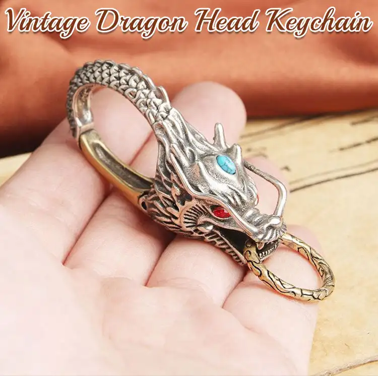 Dragon Head Keychain Vintage Feng Shui Chinese Dragon Bead Key Ring Good Luck Key Holder Car Purse Bag Charm Pendent