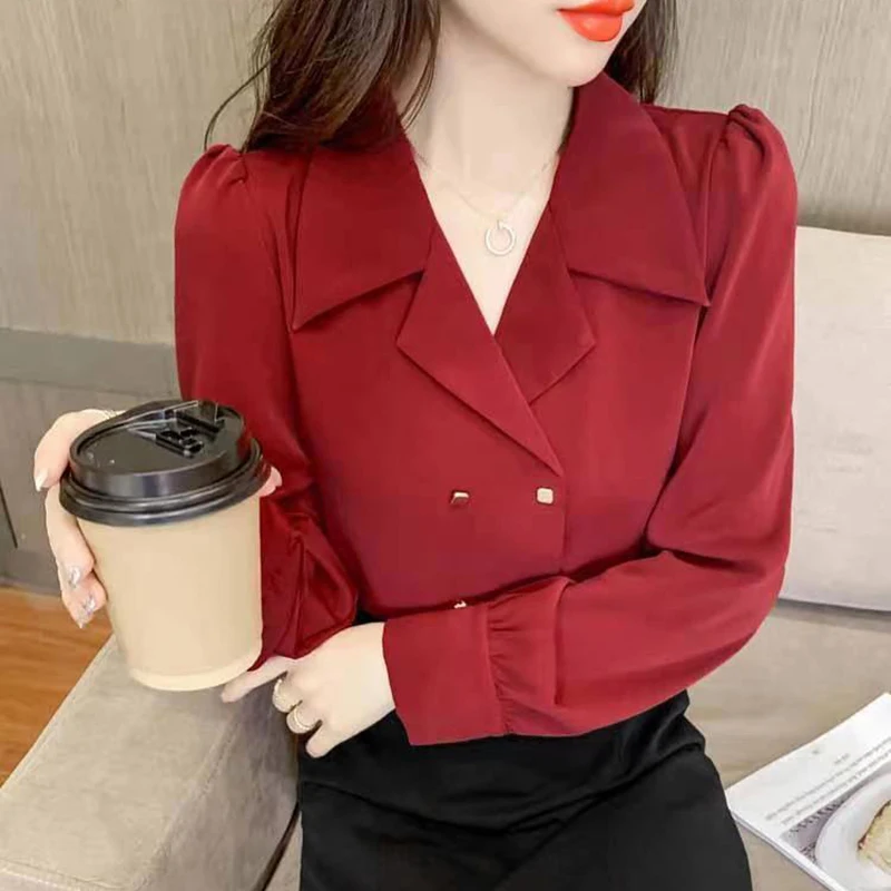 Double Breasted French Turn Down Collar Long-sleeve Solid Top Office Lady Shirt And Blouses Casual Woman Clothing Simple Elegant