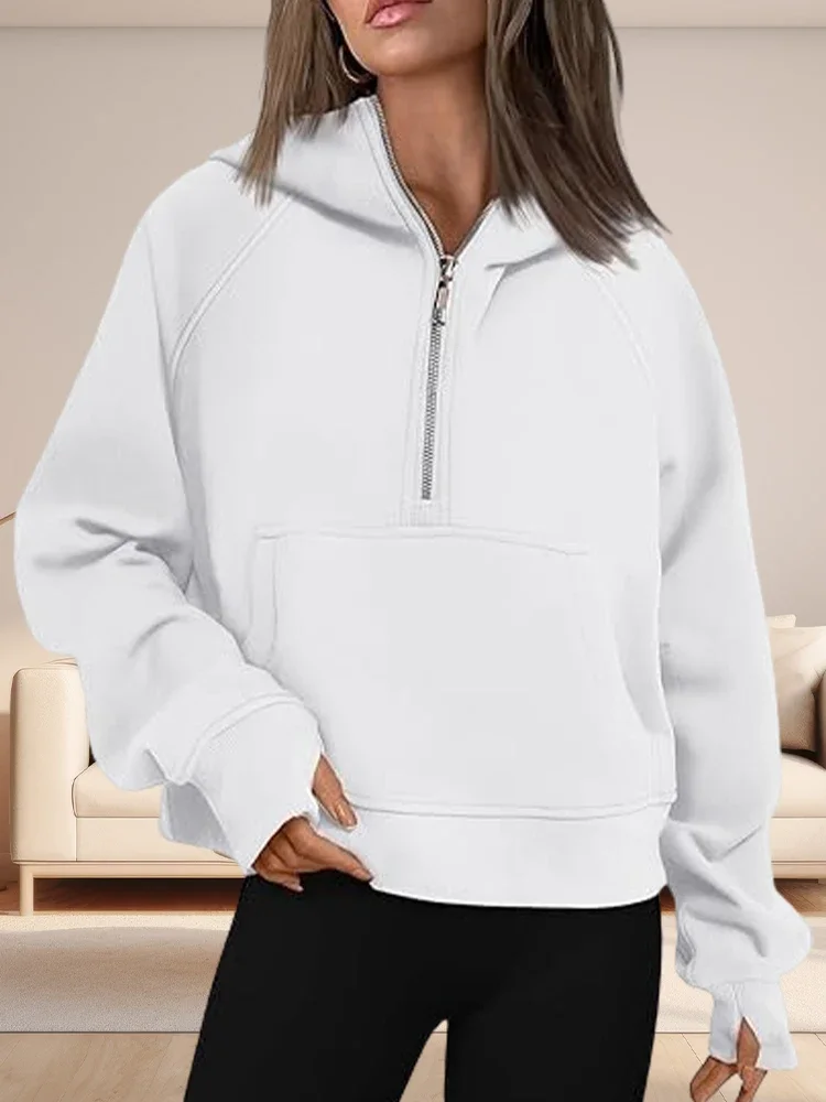 2024 Fall Stand Collar Half Zip Women Sweatshirt Thicken Long Sleeve Hooded Pockets Female Pullovers Loose Fitness Woman Hoodies