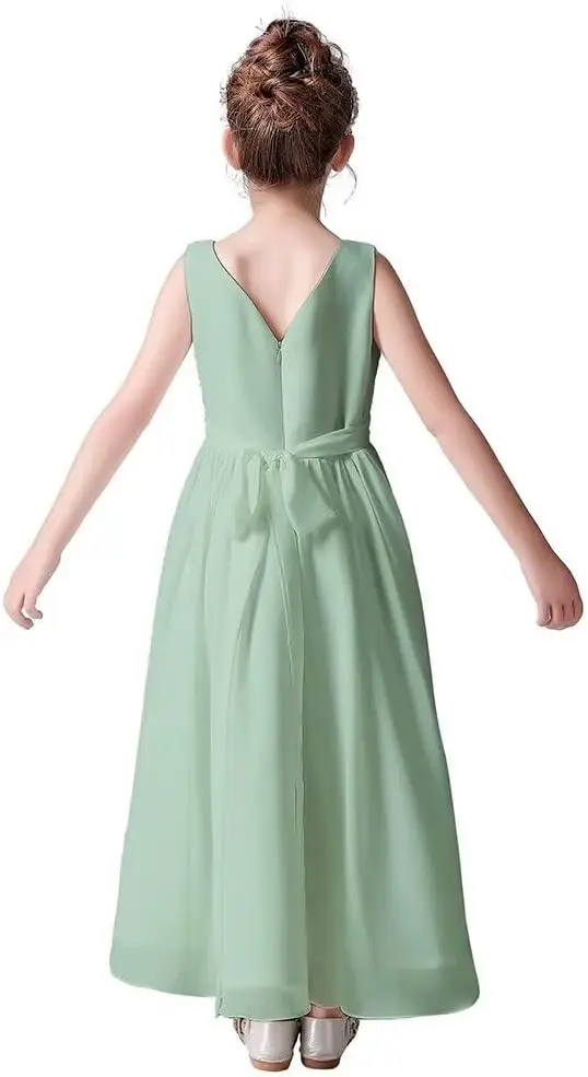 ชุดเดรสเด็กผู้หญิง ชุดเดรสยาวผ้าชีฟองสำหรับงานแต่งงาน ชุดเพื่อนเจ้าสาวรุ่นจูเนียร์ ชุดเดรสแขนกุดสำหรับเด็กผู้หญิง