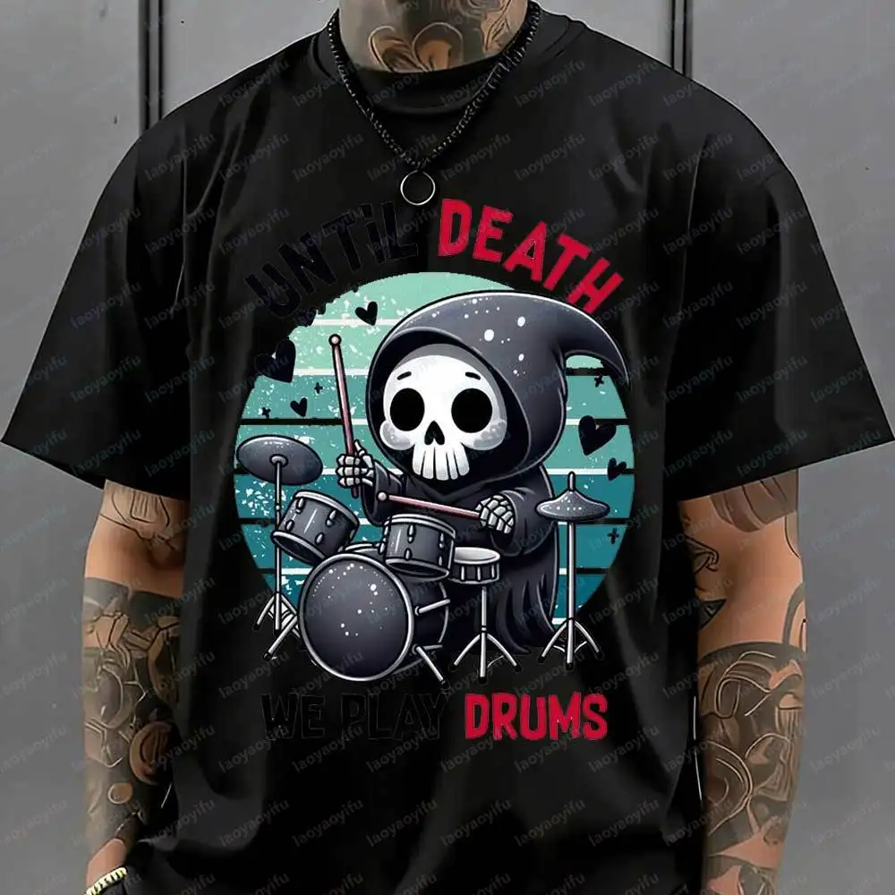 Men's Funny Until Death We Play Drums Cute Grim Reaper T-Shirt Retro Drummer Graphic Print Cotton Casual Music Lover Novelty Top
