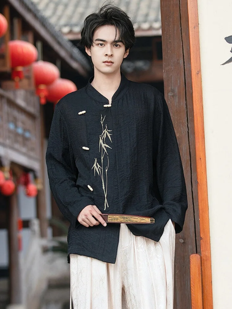 

Cotton Linen Blend Men's irt New Chinese Sle Spring Autumn Casual Loose Fit Long Sve Button down Embroidered Jaet