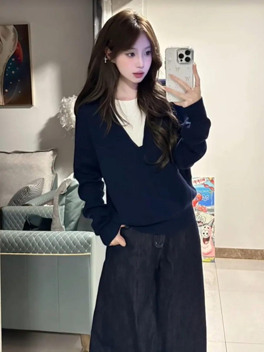 เสื้อสเวตเตอร์ถักทรงหลวม แขนยาว คอวี สีฟ้า สไตล์เกาหลี ดีไซน์ทันสมัย เหมาะสำหรับใส่เที่ยวหรือทำงาน ทรงเข้ารูป