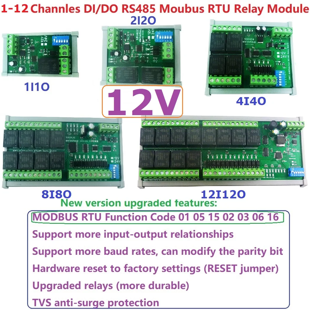 DC 12V 1-12CH Isolation Digital Switch DI-DO PLC IO Expanding Board RS485 Relay Module Modbus RTU Code 01 05 15 02 03 06 16 Core