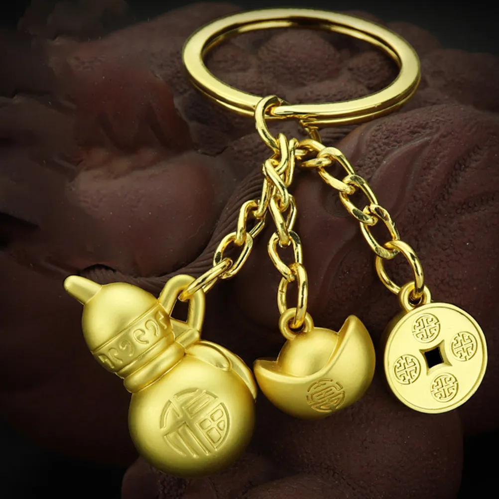 1Pcs Gourd Shaped Keyring with Ingot Coin Design Auspicious Pendant for Keychain Bag Decoration Symbol of Fortune Health