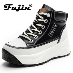 Fujin 7cm Natural Genuine Leather  Ankle Boots High Top Women Shoes Platform Wedge Hidden Heel Winter Autumn Warm Plush Sneakers