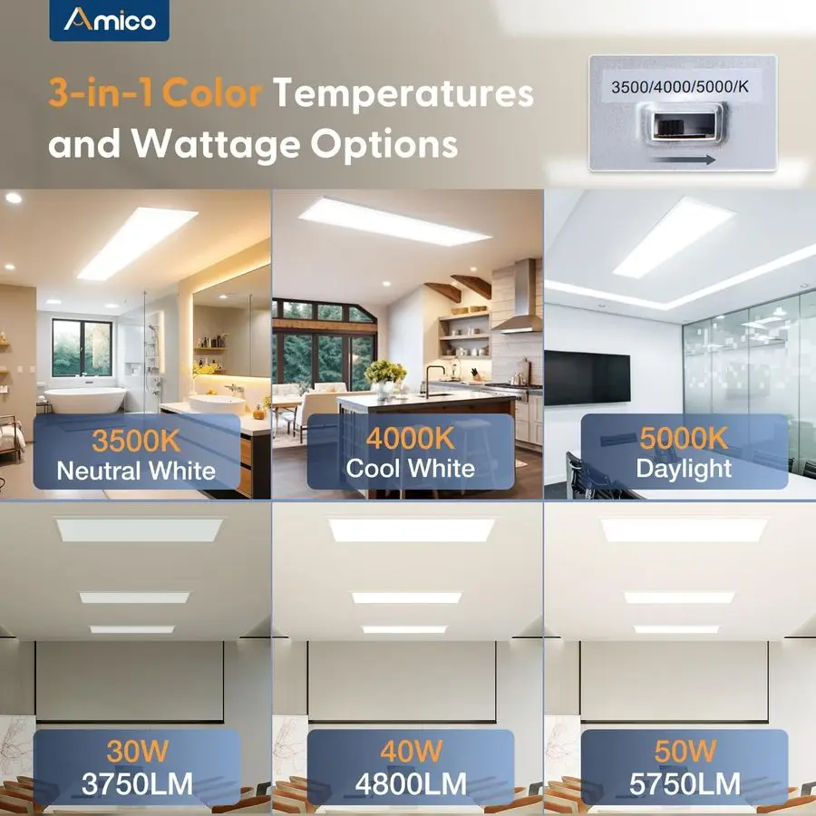 Luz de panel plano LED 1x4 Montaje en superficie, 50W 5750LM TRIAC 10100 regulable, 3CCT seleccionable 3500K 4000K 5000K Luz de techo Troffer
