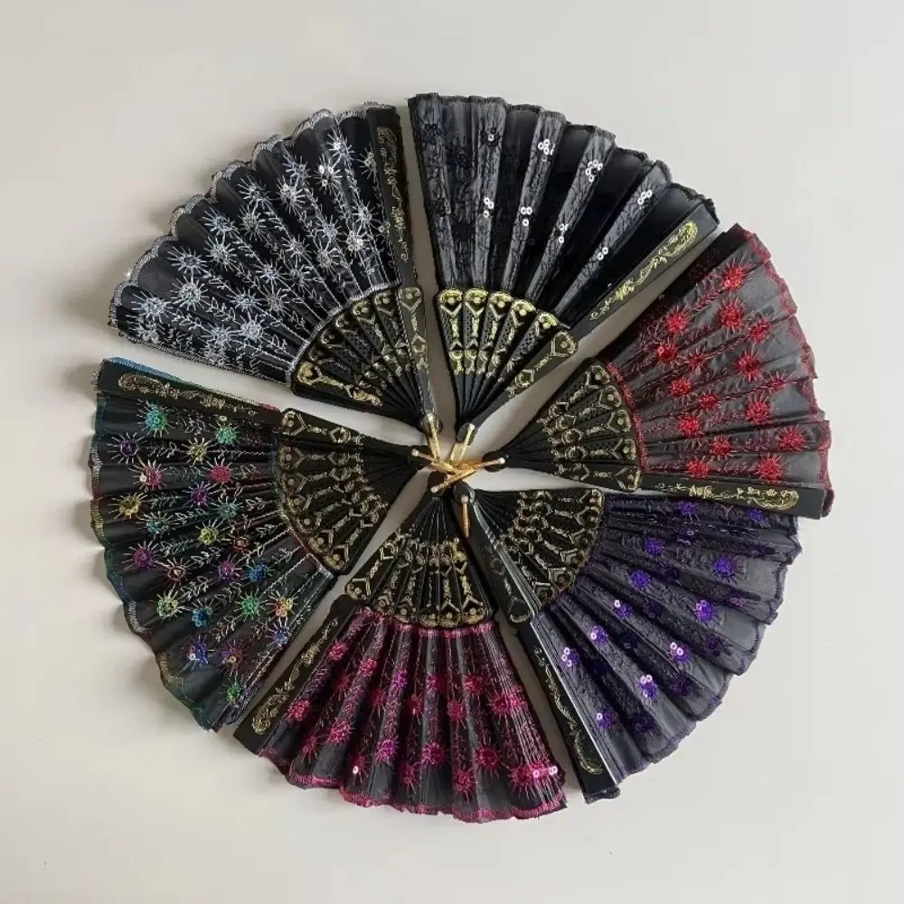 Sequin Embroidery Chinese Folding Fan Peacock Pattern Folding Handheld Fan Handheld Style Plastic Sequin Fan Wedding Party