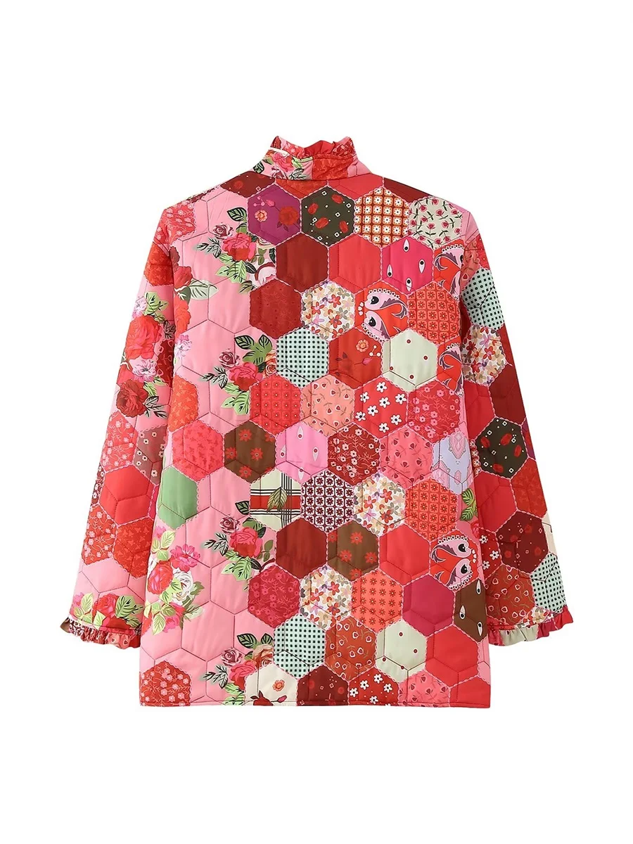 Women Puffer Jacket Rhombus Floral Print Buttons Quilted Coat Fall Winter Warm Lightweight Thick Long Sleeve Padded Jackets Y2K